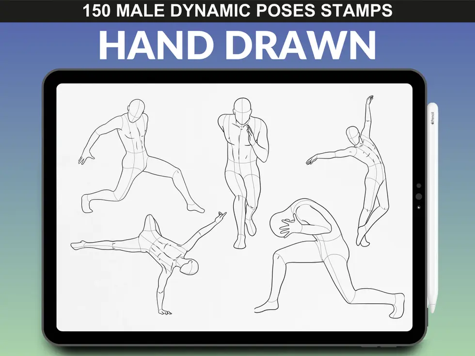 Sketch poses of male characters jumping, running, and twisting – FUPstudio Procreate set