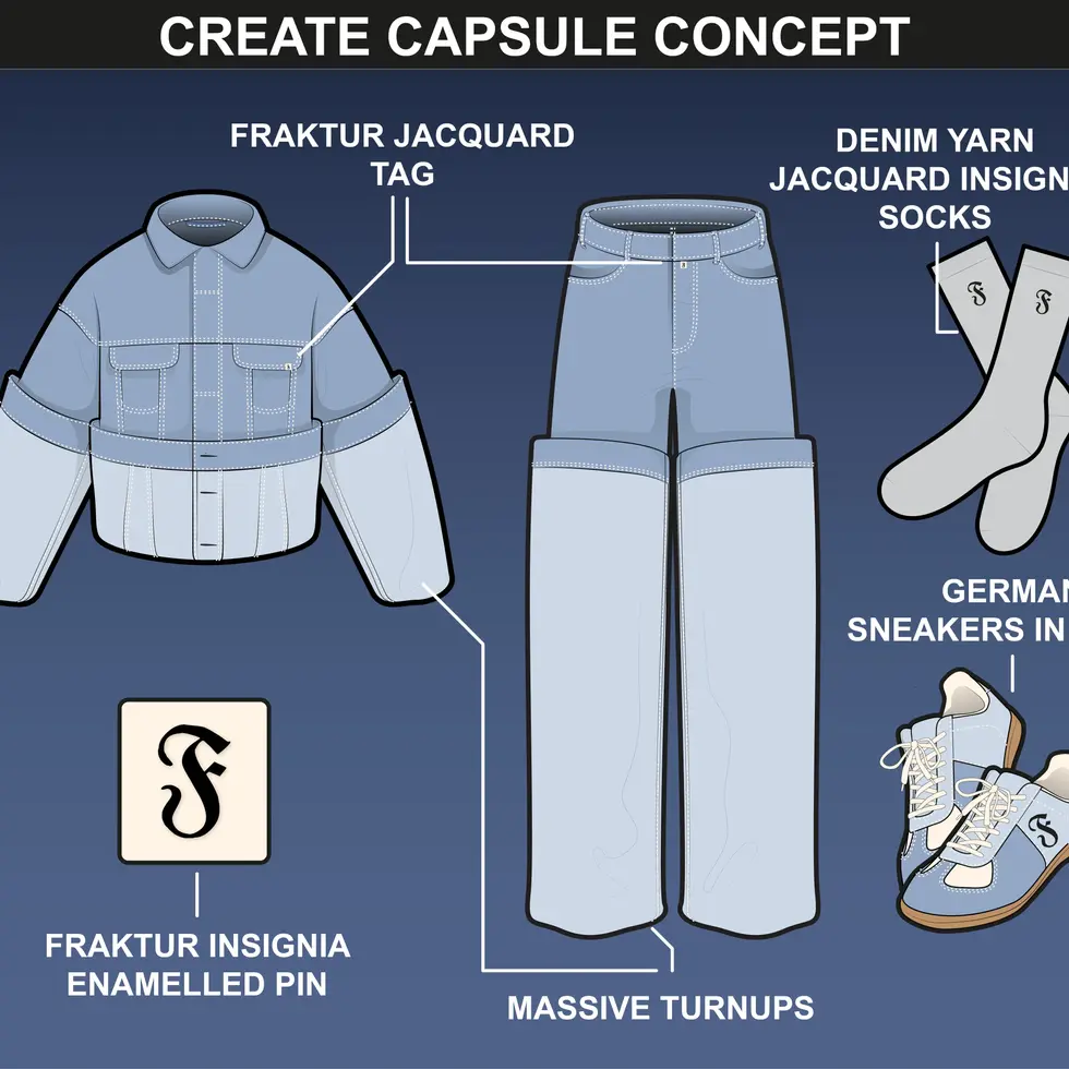 fupstudio denim pants mockups capsule outfit with wide jeans, denim sneakers and embroidered socks