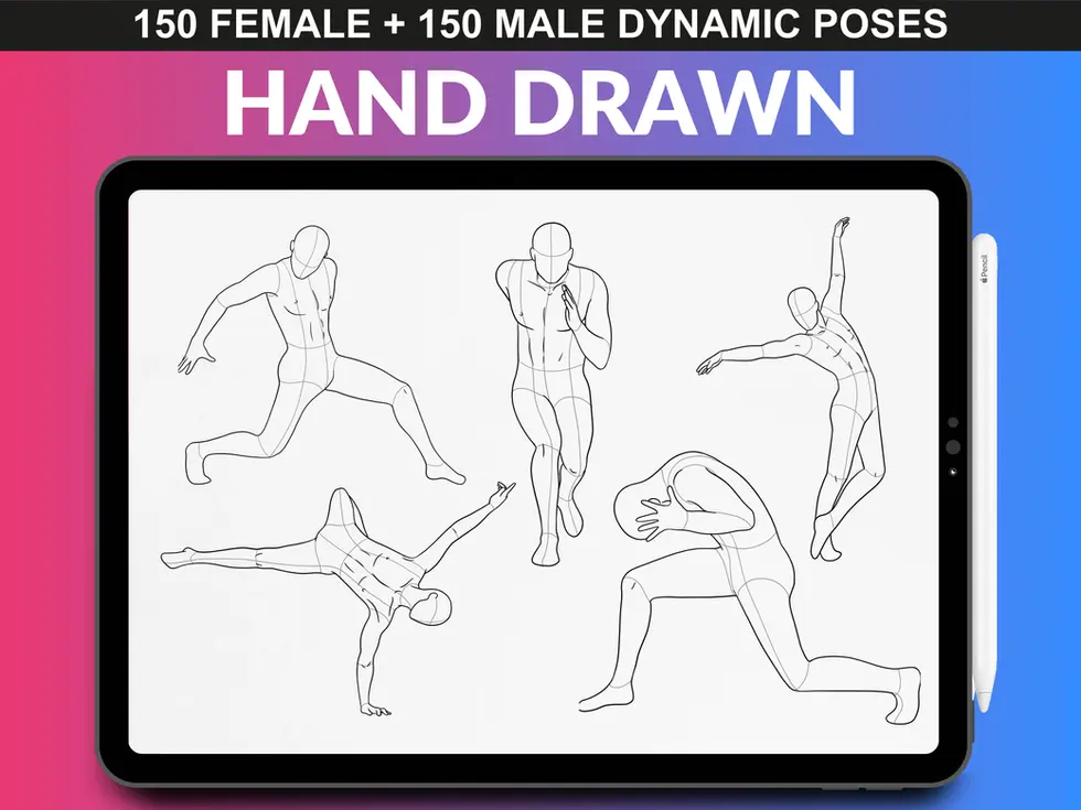 Male action pose sketches for Procreate stamp brush set – FUPstudio Dynamic Poses
