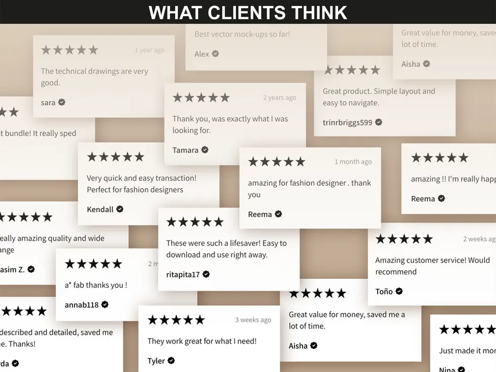 Customer reviews for FUPstudio Tracksuit Mockups Bundle - Positive feedback from fashion designers and brand owners.