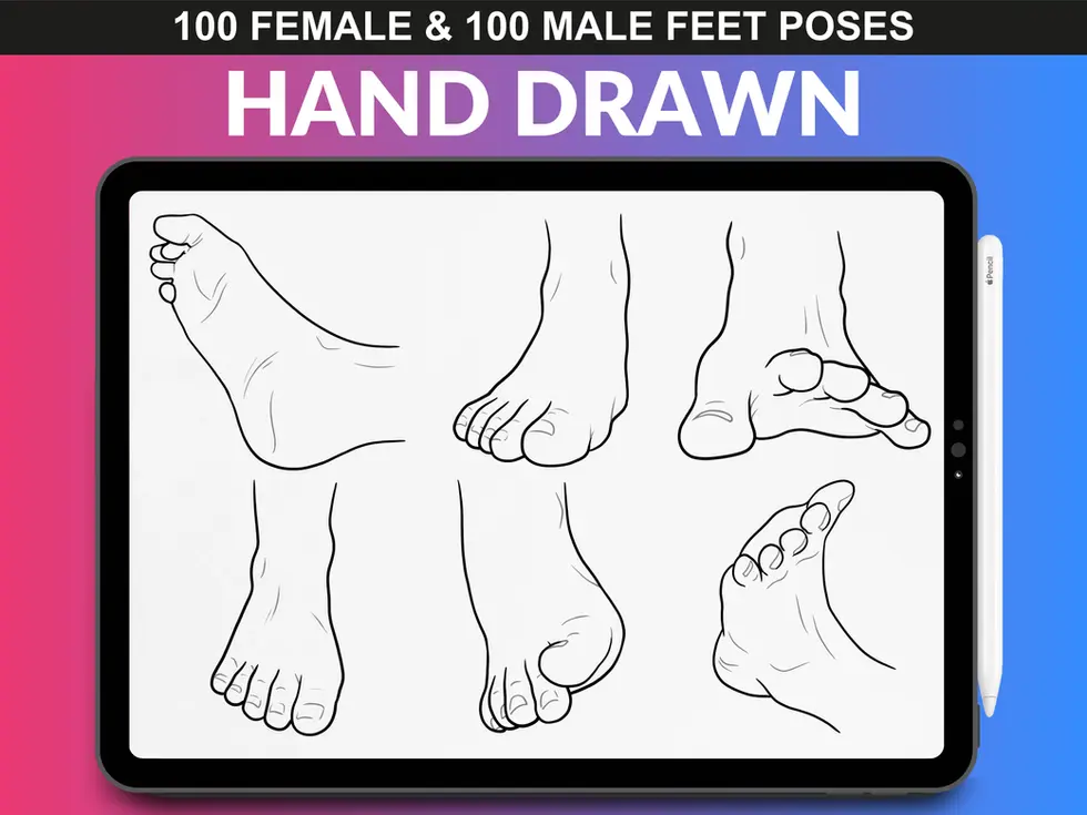 Artistic feet line drawings included in the FUPstudio Procreate stamp pack