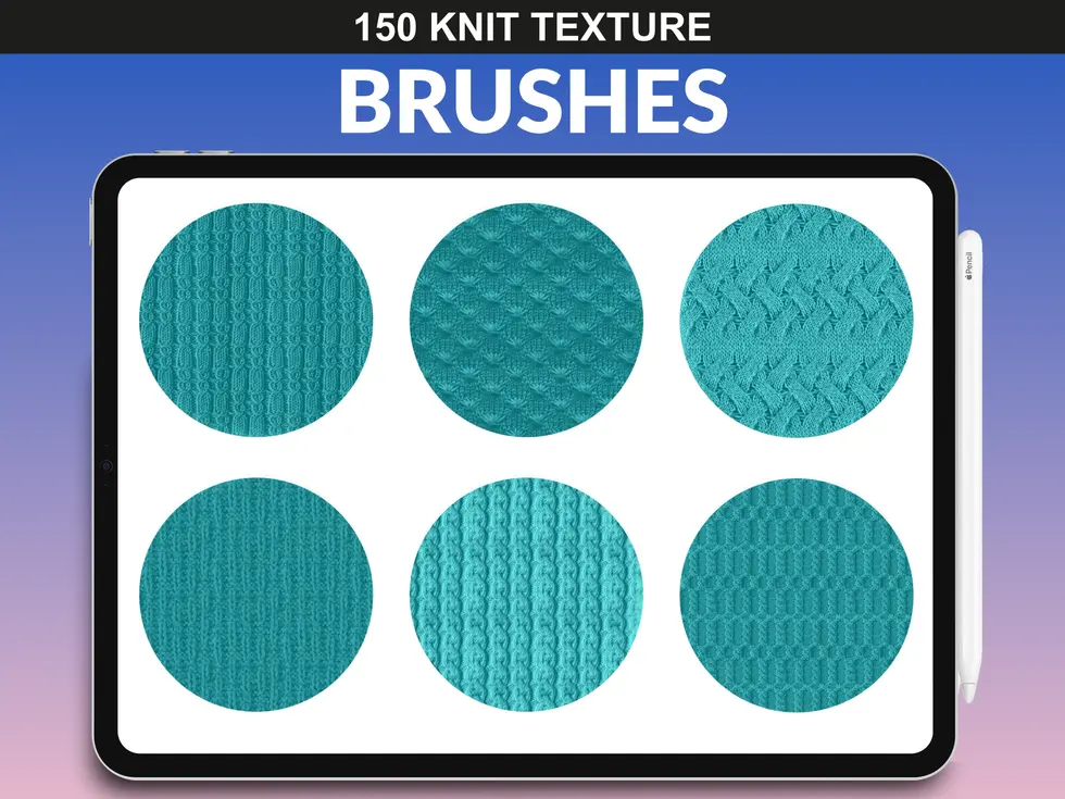 fupstudio Procreate knit texture brushes showcasing six turquoise yarn patterns