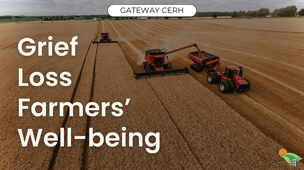 Three red combines harvest a vast wheat field. Text reads "Grief, Loss, Farmers’ Well-being."