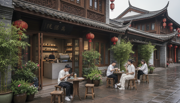Eye-level view of a Chengdu street cafe near traditional-style buildings