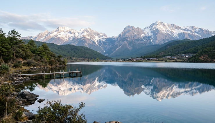 Wide-angle view of a still lake and snow mountains in Yunnan during a clear morning