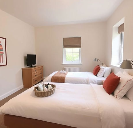 create a warm neutral  minimalist room with twin beds with a welcome basket filled with to