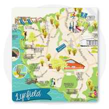 Illustrated wayfinding maps designed for Auckland Council's Wai Auckland initiative, helping families, walkers, cyclists and visitors locate public drinking fountains across parks and reserves. The slide showcases colourful illustrated maps created from aerial photography and council plans for use in print and digital community resources.