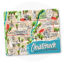 Hand-drawn illustrated Christchurch Tramways postcard concept featuring a simplified tram route and iconic Christchurch landmarks. Pencil sketches were transformed into reusable digital illustrations celebrating the city's heritage, architecture and post-earthquake character for tourism and souvenir design.