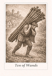 Ten of Wands tarot card — handwritten journal style meaning, symbolising overload, burden, and the need to put something down.