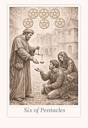 Six of Pentacles tarot card — handwritten journal style meaning, symbolising balance, generosity, and mutual support.