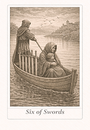 Six of Swords tarot card — handwritten journal style meaning, symbolising transition, relief, and gradual healing.