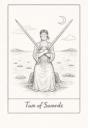 Two of Swords tarot card — handwritten journal style meaning, symbolising indecision, mental balance, and held tension.