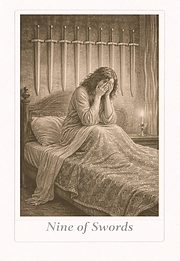 Nine of Swords tarot card — handwritten journal style meaning, symbolising anxiety, rumination, and mental distress.
