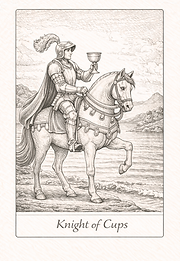 Knight of Cups tarot card — handwritten journal style meaning, symbolising romance, idealism, and emotional pursuit.