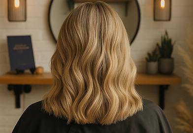 Natural Hair Colour with blunt cut and natural curls. Healing Hair