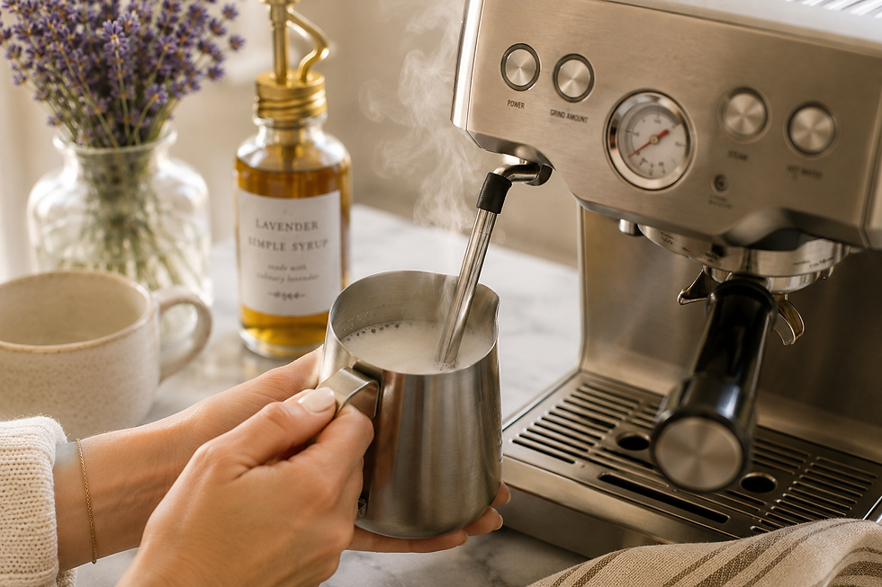 Hands steam milk in a metal pitcher beside an espresso machine, with lavender syrup and flowers on a cozy kitchen counter.