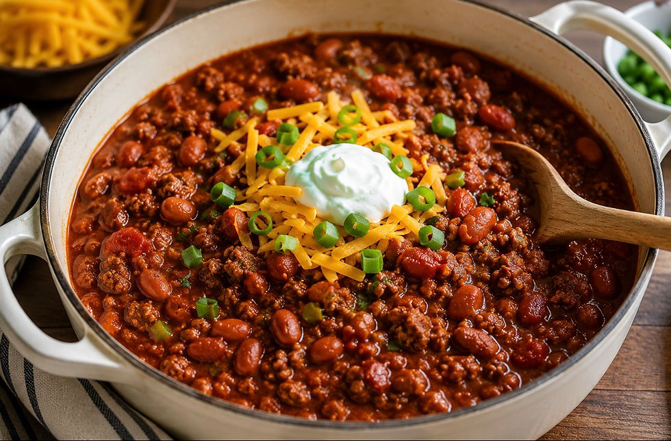A bowl of homemade bison chili topped with shredded cheddar cheese, sour cream, green onions, and crunchy tortilla chips.
