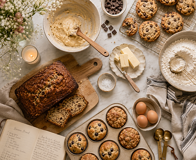 Overhead image of a white table wit a tray of muffins, banana bread, cookies, sticks of butter, and bowl of eggs
