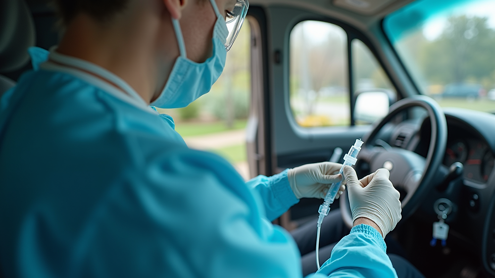 Eye-level view of a mobile phlebotomist preparing blood draw equipment inside a vehicle