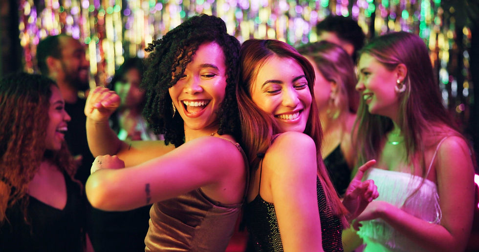 Dancing, party and friends in club, night and fun for women, bonding and celebration in we
