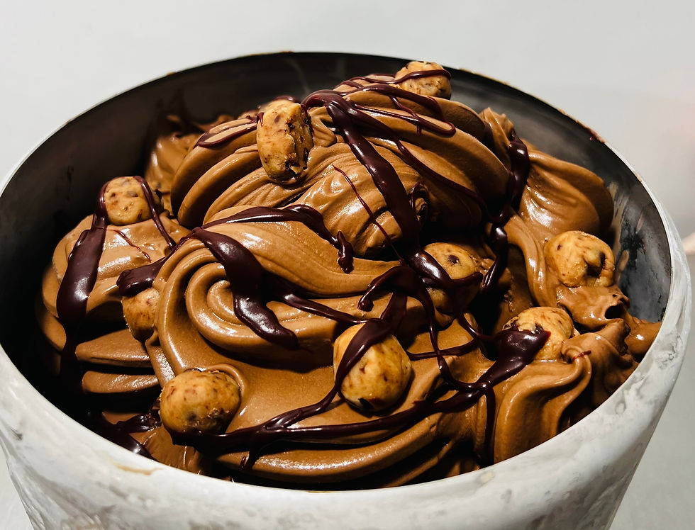 Fudgey chocolate gelato with small balls of homemade edible cookie dough 