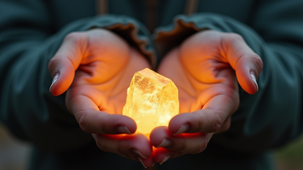 Close-up view of hands gently hovering over a glowing crystal