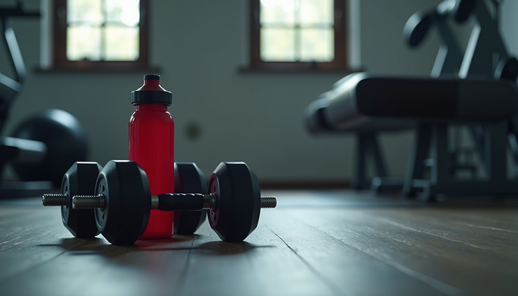Close-up view of dumbbells and a water bottle on a gym floor