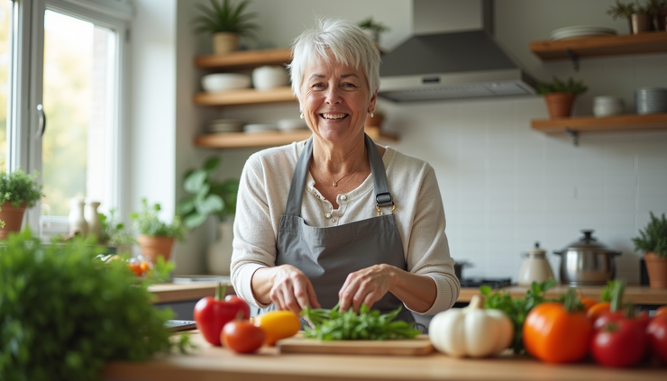 Eye-level view of a woman preparing a balanced meal in a bright kitchen