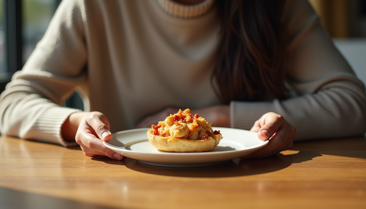 Close-up of a person sitting at a table with a small, neatly plated snack, natural light