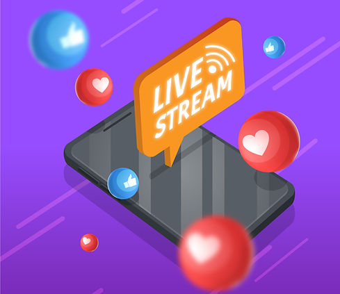 Teléfono con texto Live Streaming sobre fondo sólido y gráficos circulares, representando transmisiones en vivo en plataforma