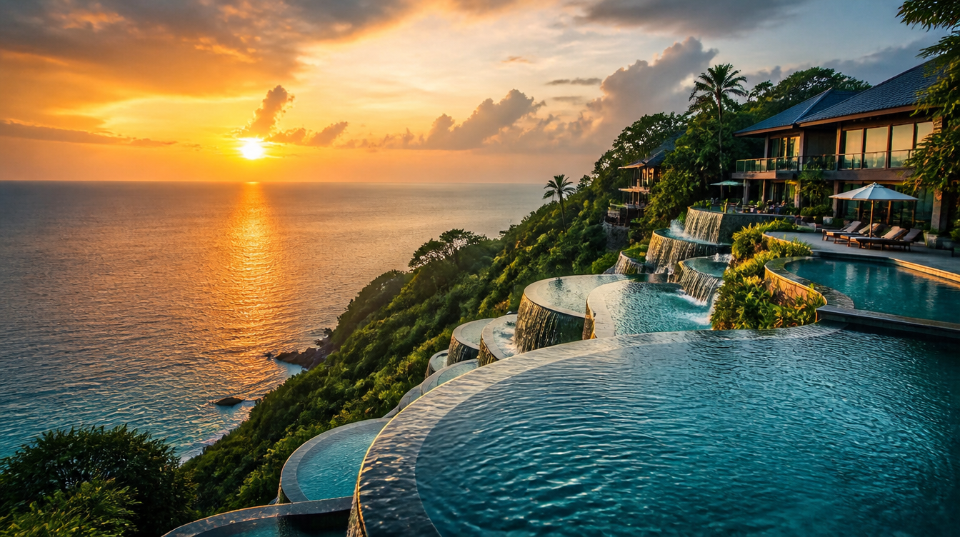 Cascading infinity pool at a luxury Thai hillside resort