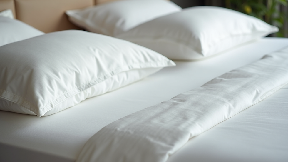 Close-up view of a plush hotel mattress with crisp white linens