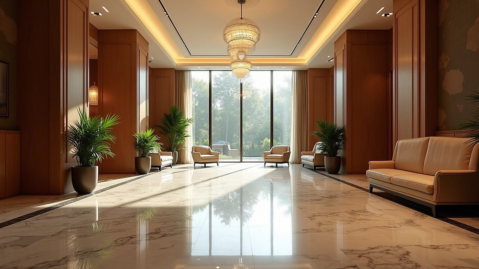 Eye-level view of a luxury hotel lobby with elegant seating