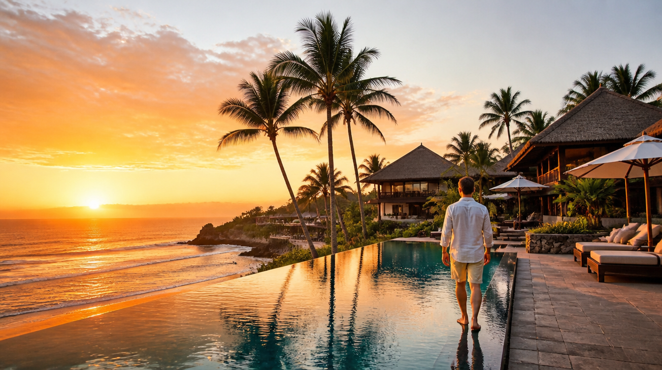 Balinese luxury resort beachfront at golden hour