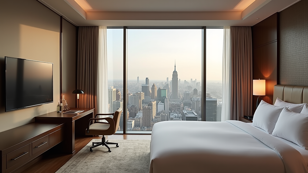 High angle view of a luxury hotel room with a city view