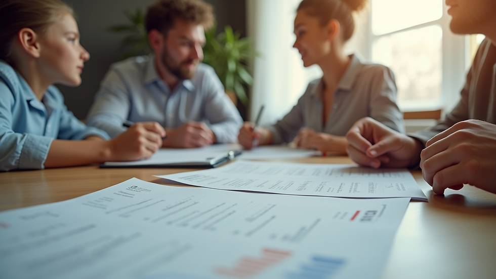 Eye-level view of a family sitting around a table with financial documents
