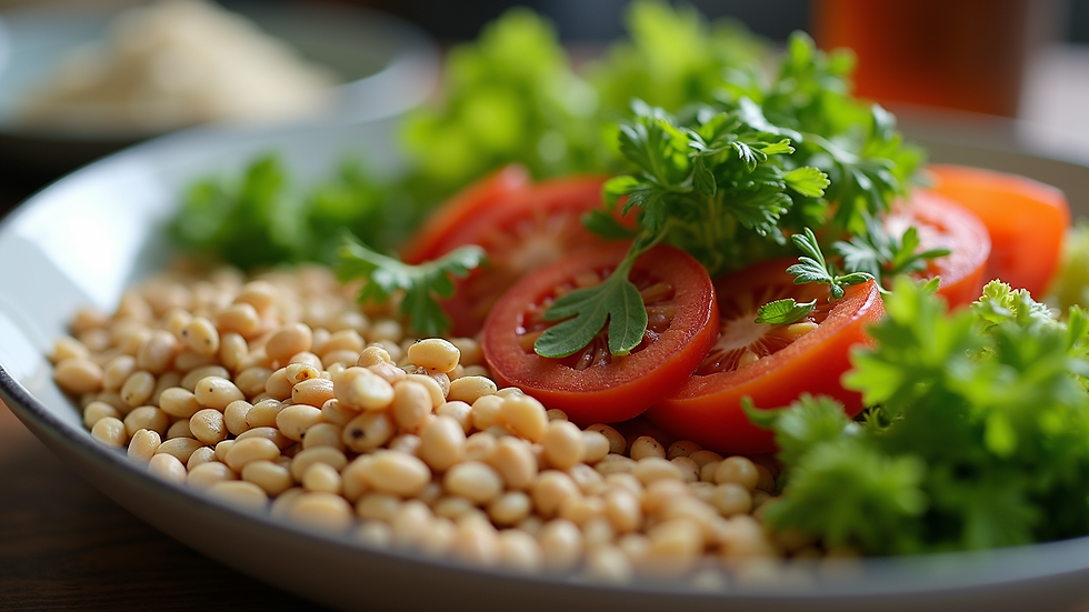 Close-up view of a healthy meal with fresh vegetables and grains