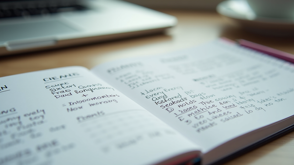 Eye-level view of a planner with notes on finances, health, and relationships