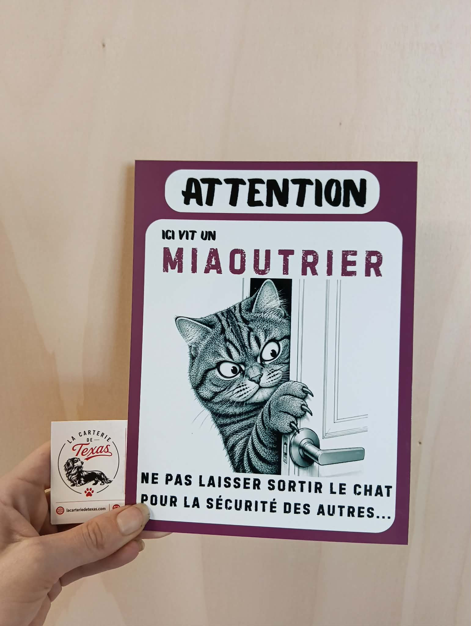 Plaque Attention au chat – Européen tigré ATTENTION : ICI VIT UN MIAOUTRIER. 🔪