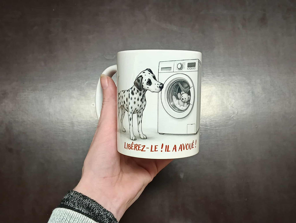 Miniature : 🐾 Mug “Libérez-le ! Il a avoué !” – Dalmatien