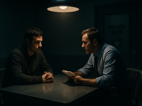 police about to lie during interrogation in a dimly lit interrogation room in a ND police station.
