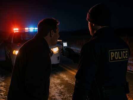 North Dakota cop giving a roadside breath test to a man suspected of a DUI.