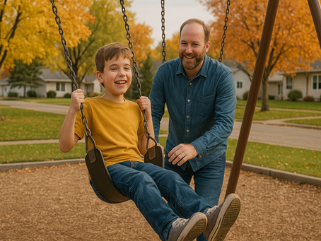 A stepfather pushing his young stepchild on a swing set at a small-town North Dakota park.