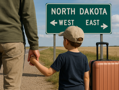 parent holding a child's hand next to a suitcase at a highway sign showing them moving out of State.