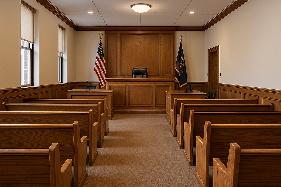 Empty courtroom in Burleigh County courthouse with judge’s bench and flags in view before court begins