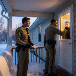 Police officer standing outside a North Dakota home with a visible search warrant document