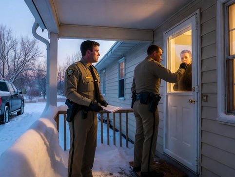 Police officer standing outside a North Dakota home with a visible search warrant document
