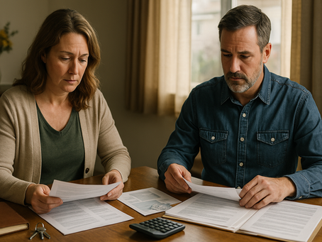North Dakota couple sitting at a kitchen table surrounded by paperwork, home documents, and personal items being divided.