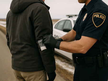 Police officer finding suspected drugs in jacket pocket during roadside search in North Dakota