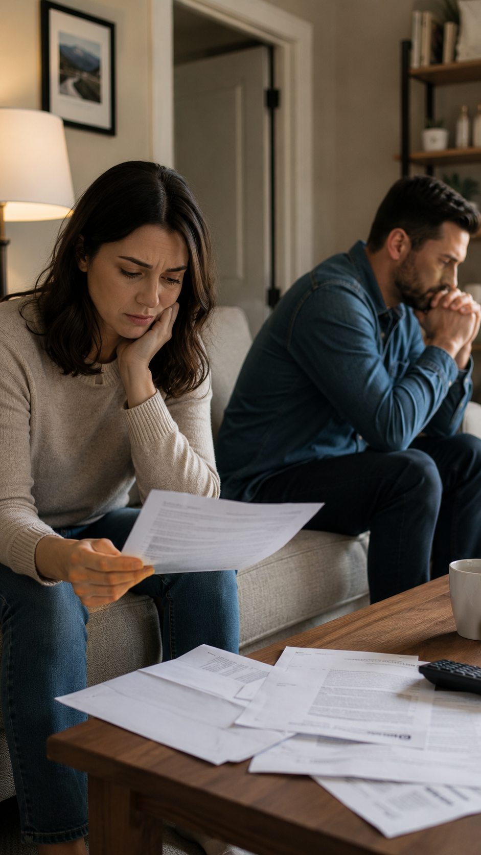 Couple sitting separately after an argument in a North Dakota home, reviewing paperwork and facing emotional tension, illustrating circumstances that can lead to domestic violence charges North Dakota, domestic violence arrest North Dakota, and the need for a domestic violence attorney Bismarck residents can trust.